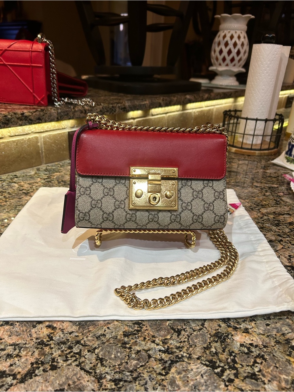 Gucci GG Supreme Crossbody with Red Leather Flap and Gold Hardware